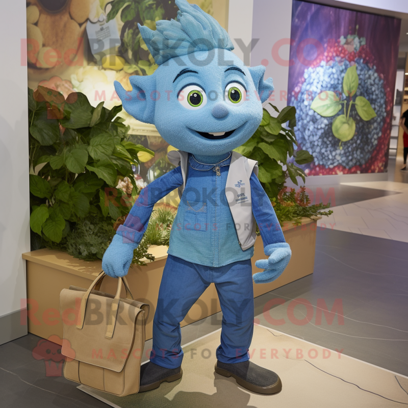 Blue Spinach mascot costume character dressed with a Chambray Shirt and Handbags