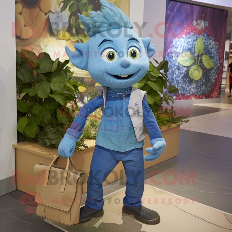 Blue Spinach mascot costume character dressed with a Chambray Shirt and Handbags Blue Spinach mascot costume character dressed with a Chambray Shirt and Handbags