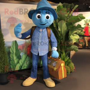 Blue Spinach mascot costume character dressed with a Chambray Shirt and Handbags