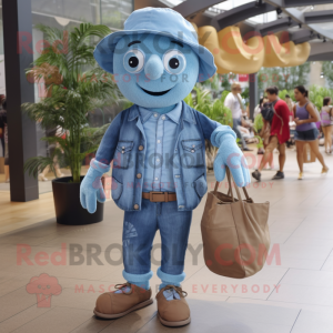 Blue Spinach mascot costume character dressed with a Chambray Shirt and Handbags