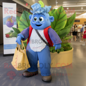 Blue Spinach mascot costume character dressed with a Chambray Shirt and Handbags