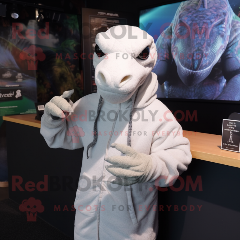 White Komodo Dragon mascot costume character dressed with a Hoodie and Headbands White Komodo Dragon mascot costume character dressed with a Hoodie and Headbands