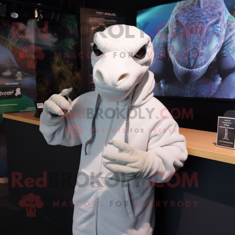 White Komodo Dragon mascot costume character dressed with a Hoodie and Headbands