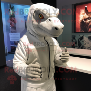 White Komodo Dragon mascot costume character dressed with a Hoodie and Headbands