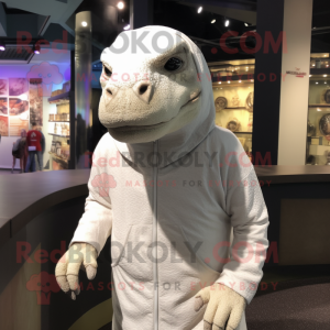 White Komodo Dragon mascot costume character dressed with a Hoodie and Headbands