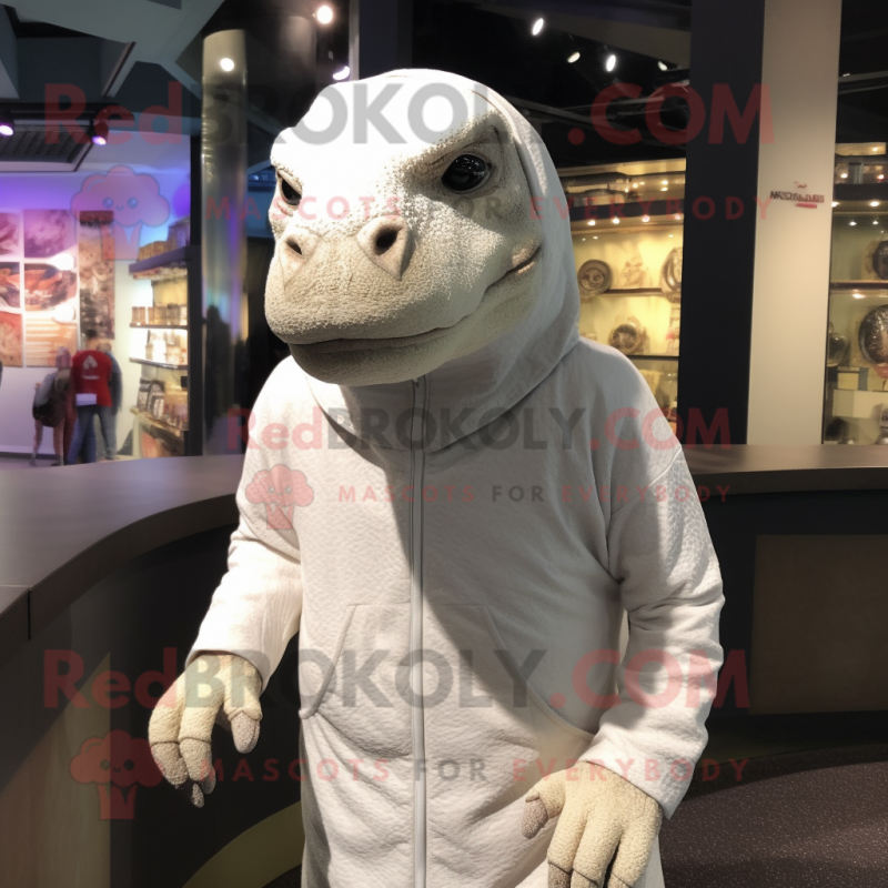 White Komodo Dragon mascot costume character dressed with a Hoodie and Headbands White Komodo Dragon mascot costume character dressed with a Hoodie and Headbands