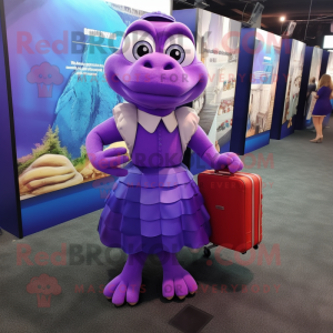 Purple Turtle mascot costume character dressed with a Cocktail Dress and Briefcases