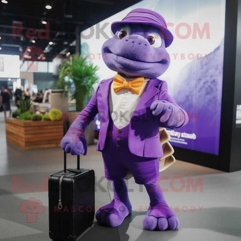 Purple Turtle mascot costume character dressed with a Cocktail Dress and Briefcases