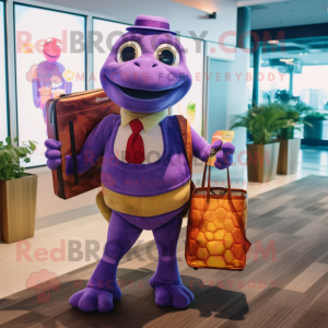 Purple Turtle mascot costume character dressed with a Cocktail Dress and Briefcases