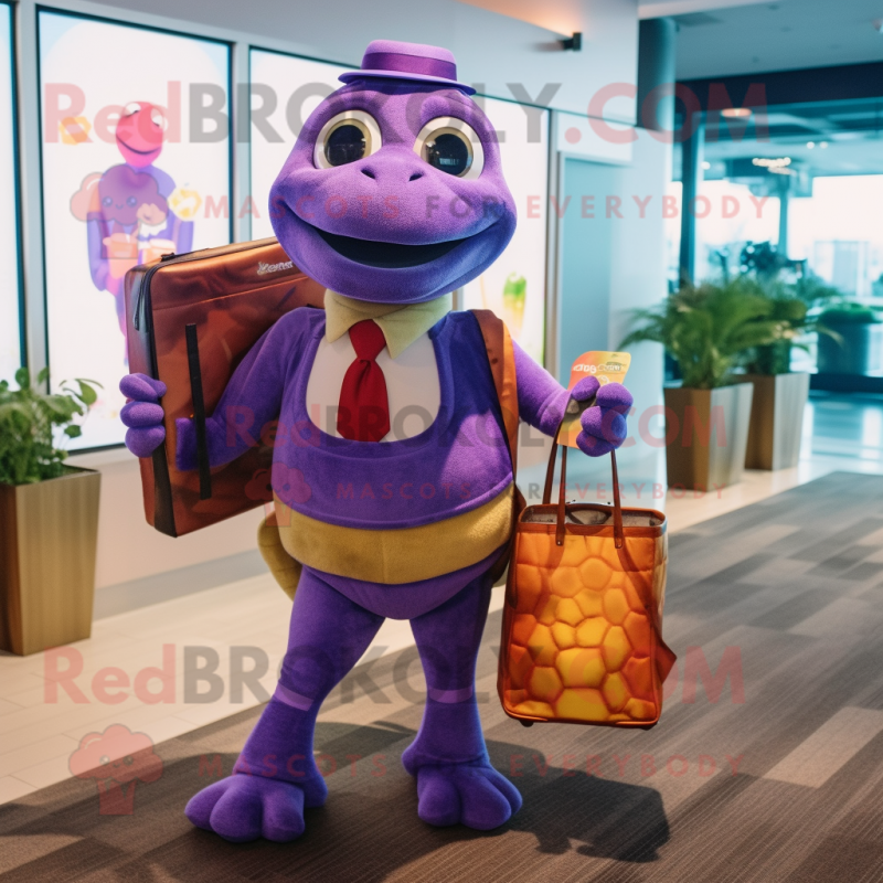 Purple Turtle mascot costume character dressed with a Cocktail Dress and Briefcases Purple Turtle mascot costume character dressed with a Cocktail Dress and Briefcases