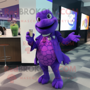 Purple Turtle mascot costume character dressed with a Cocktail Dress and Briefcases