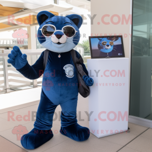 Navy Jaguar mascot costume character dressed with a Boyfriend Jeans and Sunglasses