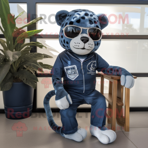 Navy Jaguar mascot costume character dressed with a Boyfriend Jeans and Sunglasses