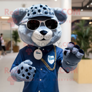 Navy Jaguar mascot costume character dressed with a Boyfriend Jeans and Sunglasses