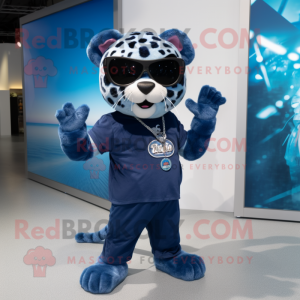 Navy Jaguar mascot costume character dressed with a Boyfriend Jeans and Sunglasses