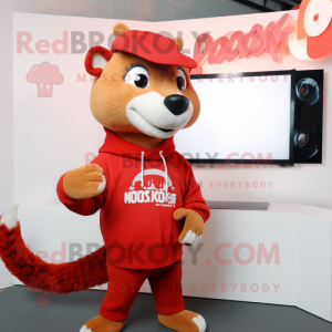 Red Mongoose mascot costume character dressed with a Sweater and Caps