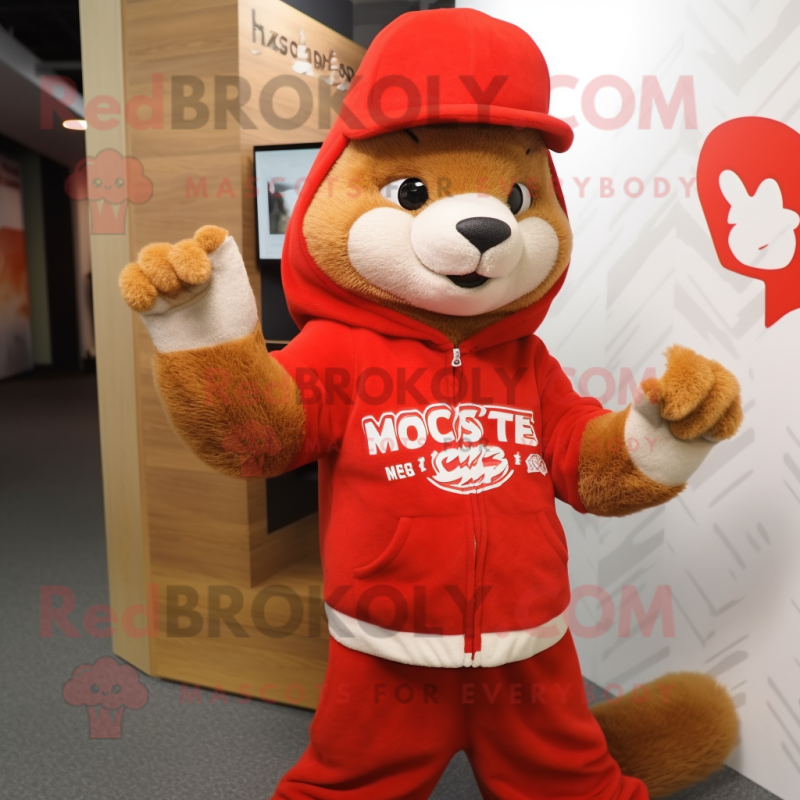 Red Mongoose mascot costume character dressed with a Sweater and Caps