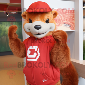 Red Mongoose mascot costume character dressed with a Sweater and Caps