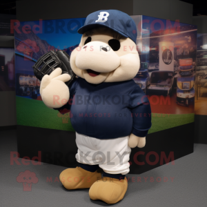 Navy Baseball Glove mascot costume character dressed with a Bomber Jacket and Messenger bags