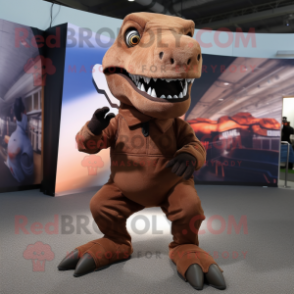 Brown Tyrannosaurus mascot costume character dressed with a Turtleneck and Shoe laces