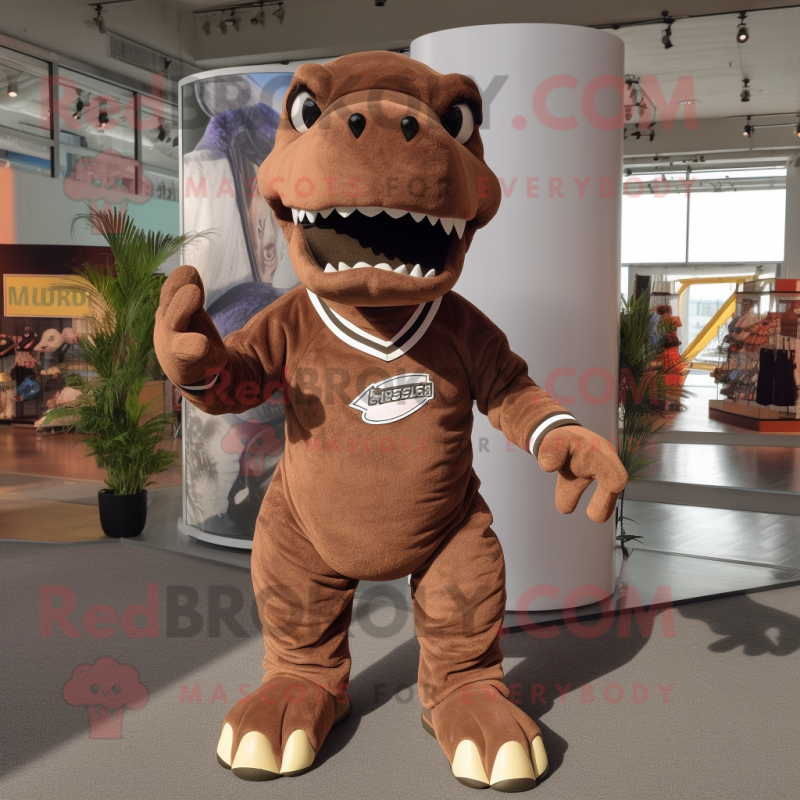 Brown Tyrannosaurus mascot costume character dressed with a Turtleneck and Shoe laces