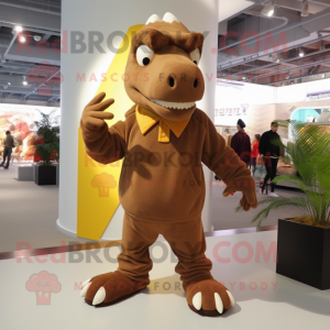 Brown Tyrannosaurus mascot costume character dressed with a Turtleneck and Shoe laces