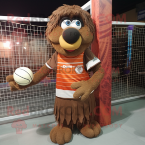 Brown Volleyball Net mascot costume character dressed with a Oxford Shirt and Shawls