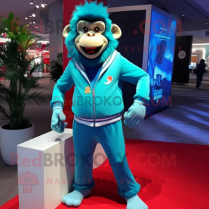 Turquoise Monkey mascot costume character dressed with a Joggers and Pocket squares
