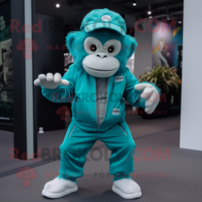 Turquoise Monkey mascot costume character dressed with a Joggers and Pocket squares