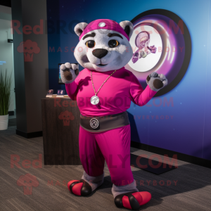 Magenta Navy Seal mascot costume character dressed with a Yoga Pants and Bracelet watches