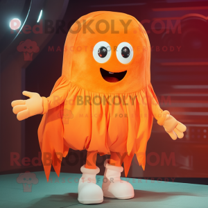 Orange Jellyfish mascot costume character dressed with a Jacket and Mittens