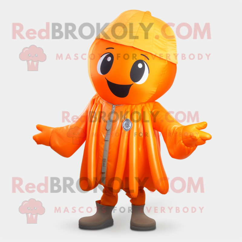 Orange Jellyfish mascot costume character dressed with a Jacket and Mittens