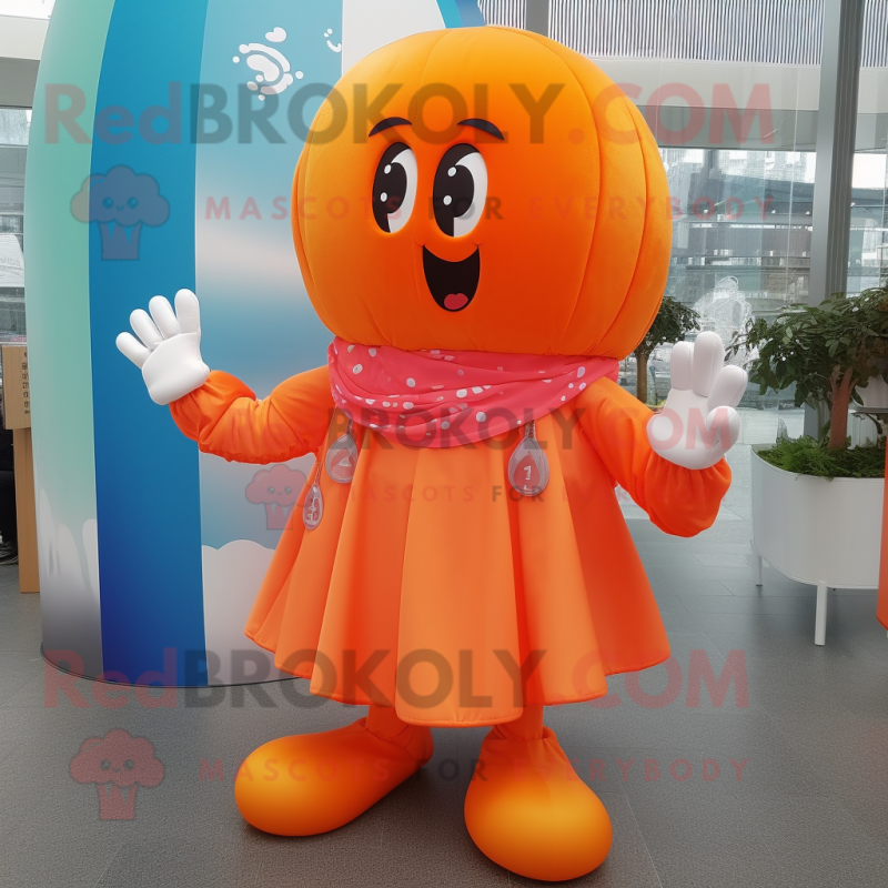 Orange Jellyfish mascot costume character dressed with a Jacket and Mittens