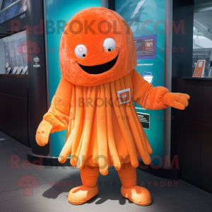 Orange Jellyfish mascot costume character dressed with a Jacket and Mittens