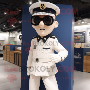 Cream Navy Soldier mascot costume character dressed with a Vest and Eyeglasses