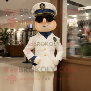 Cream Navy Soldier mascot costume character dressed with a Vest and Eyeglasses