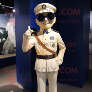 Cream Navy Soldier mascot costume character dressed with a Vest and Eyeglasses