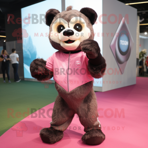 Pink Spectacled Bear mascot costume character dressed with a Jeggings and Smartwatches