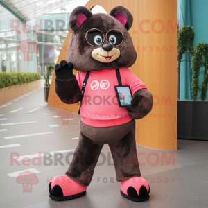 Pink Spectacled Bear mascot costume character dressed with a Jeggings and Smartwatches