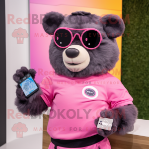 Pink Spectacled Bear mascot costume character dressed with a Jeggings and Smartwatches