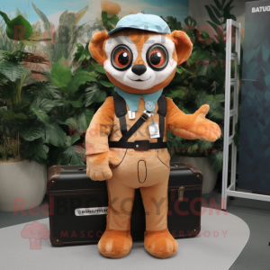 Peach Lemur mascot costume character dressed with a Overalls and Briefcases