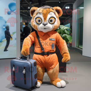 Peach Lemur mascot costume character dressed with a Overalls and Briefcases