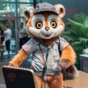 Peach Lemur mascot costume character dressed with a Overalls and Briefcases