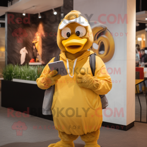 Gold Hens mascot costume character dressed with a Sweatshirt and Messenger bags