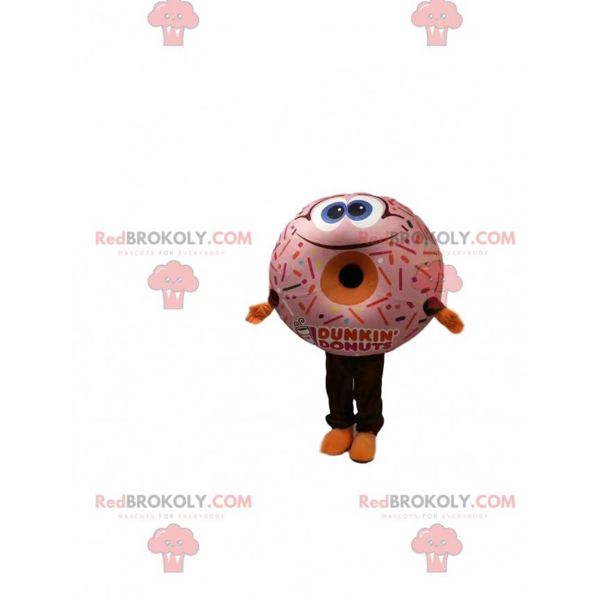 Mascote donut muito sorridente com uma cobertura apetitosa -