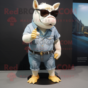 Cream Rhinoceros mascot costume character dressed with a Denim Shorts and Sunglasses