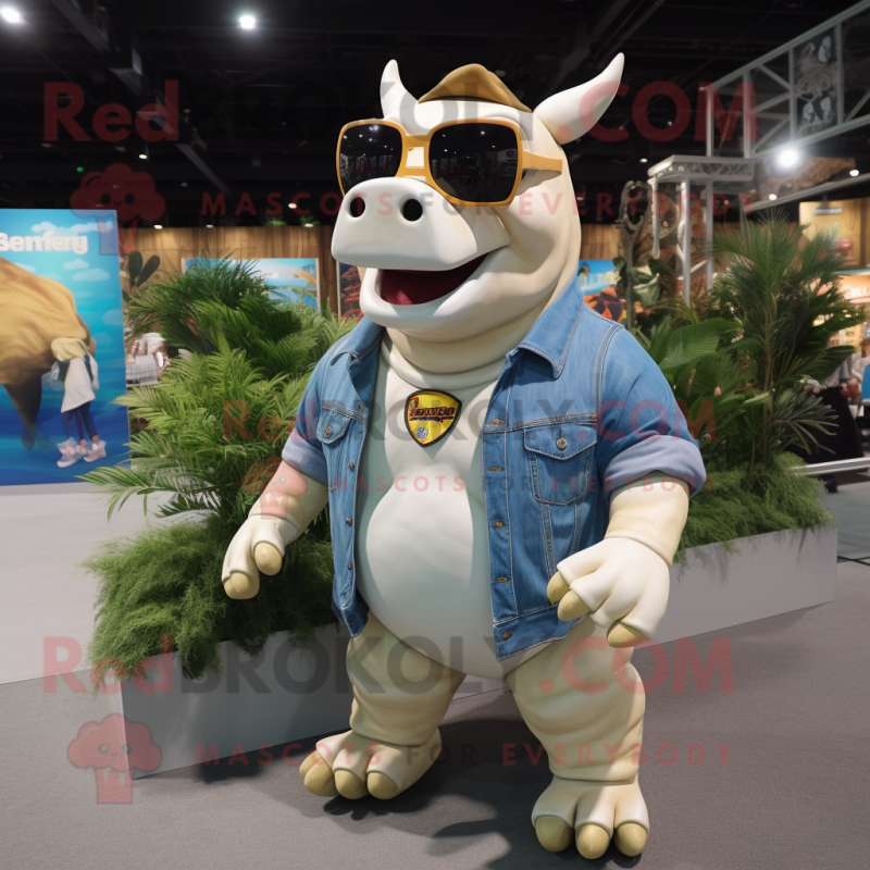 Cream Rhinoceros mascot costume character dressed with a Denim Shorts and Sunglasses