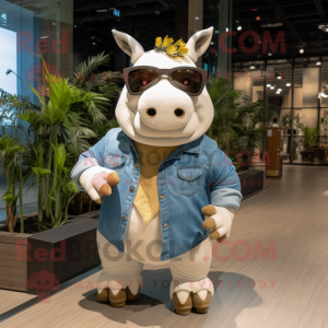 Cream Rhinoceros mascot costume character dressed with a Denim Shorts and Sunglasses