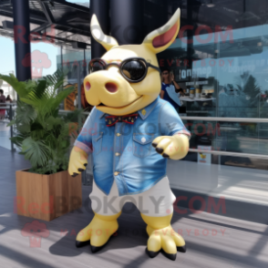 Cream Rhinoceros mascot costume character dressed with a Denim Shorts and Sunglasses