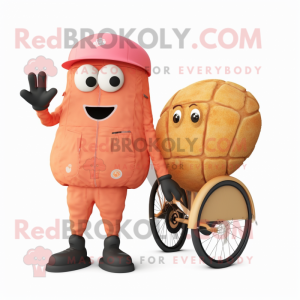 Peach Unicyclist mascot costume character dressed with a Parka and Clutch bags